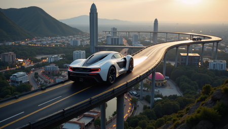 Illustrated image showcasing a futuristic world of gravity-defying car races powered by miniature black holes on twisted highwaysの素材