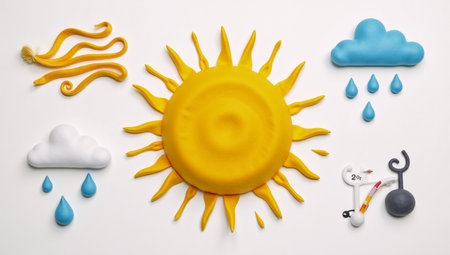 3D wool felt illustration showcasing sun symbol with weather-related climate elementsの素材