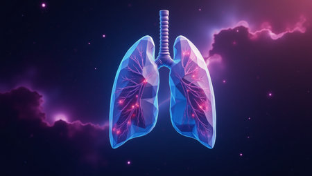 A low-poly glow-effect depiction of human lungs in space-themed style symbolizing health  techの素材