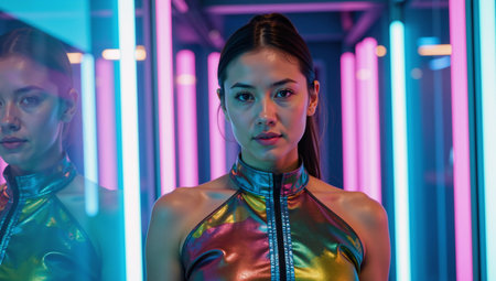 Futuristic woman poses against backdrop of glowing neon cityscape photographの素材