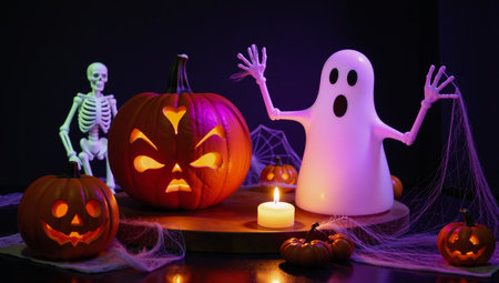 Vibrant Halloween symbols pumpkins  ghosts breathe life into an eerie festive sceneの素材