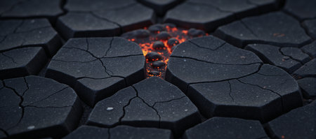 Close-up image of glowing lava within cracks on a textured volcanic rock surfaceの素材