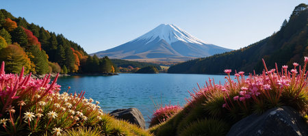 Tranquil landscape depicting Mount Fuji surrounded by natureの素材
