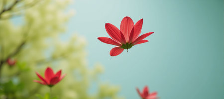 Blooming red blossoms cascade through the air during the Spring Seasonの素材