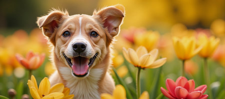 Golden Oil Paint Abstract Art depicts a joyful floral-inspired setting with a cheerful dogの素材