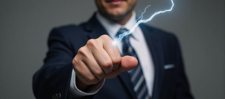 A businessman holds an electric lightning boltの素材