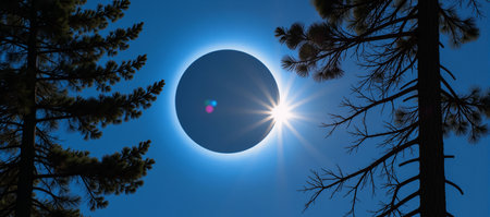 A stunning solar eclipse within a forest of tall pines an ode to natural wonders and cosmic events for those who love photography and natureの素材