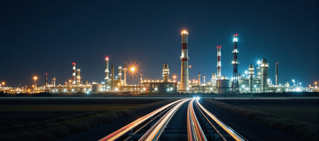 Oil refinery and pipeline double-exposure depicting industrial infrastructure merging with technology-centric concepts Industrial  Innovation Themeの素材