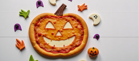Halloween-themed pizza featuring a grinning jack olantern smiley face on topの素材