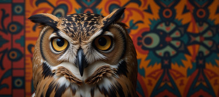 Illustration showcases a tribal-themed owl on a vibrant patterned backdropの素材