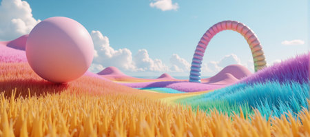 A surrealistic abstract landscape features a pastel-colored ball hovering above vibrant rainbow grass and an arched horizon against a stunning colorful sky backdrop 3D Renderの素材