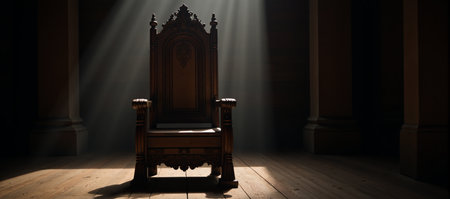 Firelit room with a carved wooden throneの素材