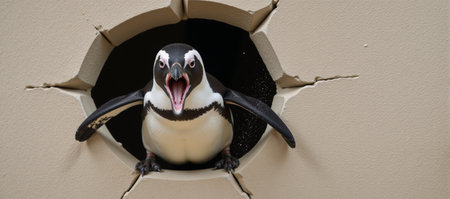 Playful penguin busting through wall Energetic Fun Colorfulの素材
