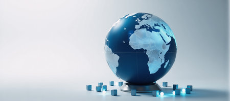 Digital artwork depicting a blue-silver globe with white background  numerous cubic icons symbolizing global network linksの素材