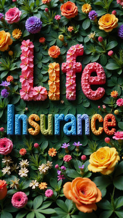 Colorful and whimsical life insurance artwork with vibrant flora symbolizing protection and planning in a captivating designの素材