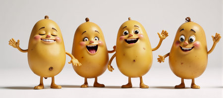Happy potato animated characters depicted as they dance together against an empty backdropの素材
