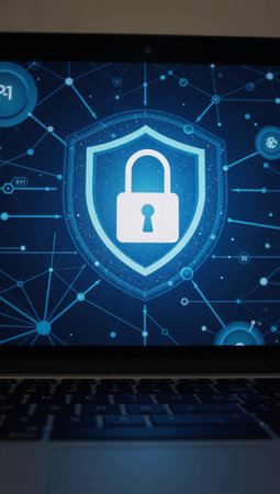 A protective shield and padlock icon displayed on a digital network backdrop represents cybersecurityの素材