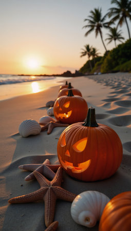 A Halloween-themed scene with pumpkins sea life and sunset over a beach shorescapeの素材