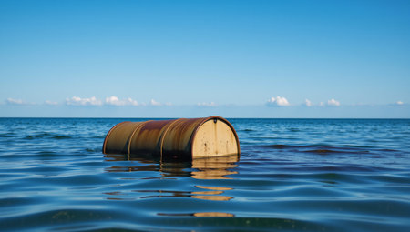 Oil spill on ocean with polluted waters and chemical hazard in a blue sky backdropの素材