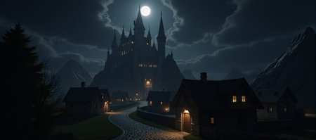 A fantasy village bathed in the soft glow of moonlit nightの素材