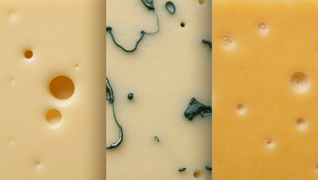 Showcasing various realistic cheese textures Swiss with its characteristic holes Blue with visible crumbling and the smooth surface of Gruyreの素材