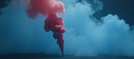 Blue fog with slow-moving red smokes rising amidst realistic and atmospheric blue smokeの素材