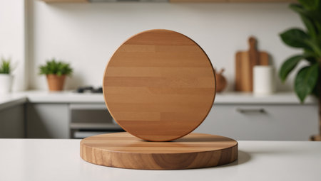 Kitchen scene featuring a wood-grained circular cutting board on a table surrounded by a slightly obscured kitchen setting with an additional circular stand showcasing various itemsの素材
