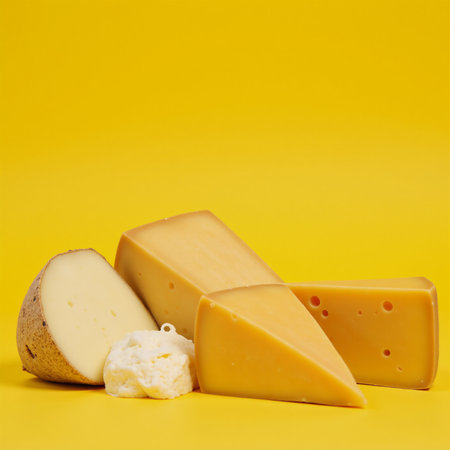 Vibrant assortment of cheeses against monochrome yellow backdrop perfect for food or dairy-themed endeavorsの素材