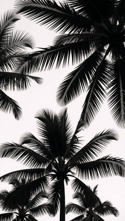 Collection of black-and-white palm tree illustrations suitable for diverse designsの素材