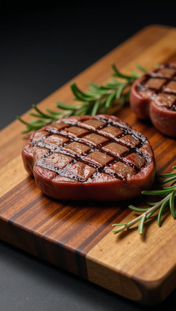 Beef Steak with Rosemary on Wooden Chopping Boardの素材