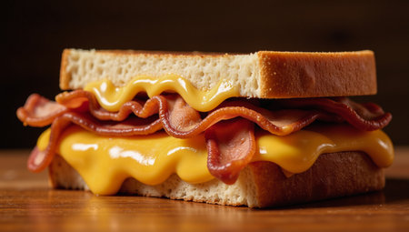 Close-up of indulgent breakfast melted cheese  crispy bacon on a multi-layered sandwich highlighting rich textures and warm tones that embody comfort food decadenceの素材