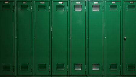 A row of green lockers with closed doors school settingの素材