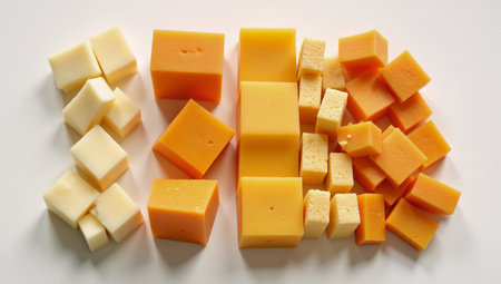 Modern arrangement of colorful cheese cube pieces from above perspectiveの素材