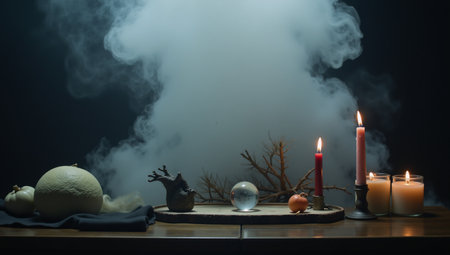 Foggy dark setting with smoke and mist on wooden table against an abstract and defocused Halloween backdropの素材