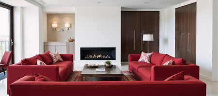 A modern living room featuring red sofas around a warm fireplaceの素材