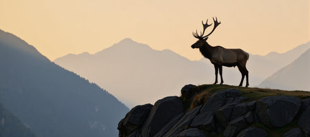 Majestic elk stands atop mountain ridge with rising early-morning mistの素材