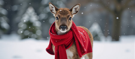 Adorable baby reindeer wearing a cozy scarfの素材