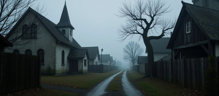 A fog-shrouded foreboding old village at duskの素材