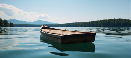 A tranquil scene featuring a driftwood raft adrift on a placid lakeの素材