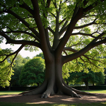 a powerful tree with deep roots and wide-reaching branches symbolizing growth strength and stabilityの素材