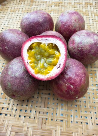 Passion fruit on the woodenの写真素材