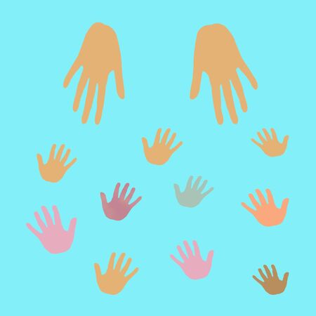 adult hands reaching out to small hands illustrationの写真素材