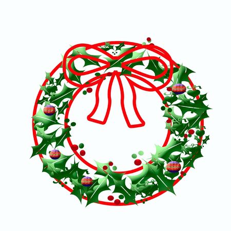 colorful Christmas wreath with bow and holly illustrationの写真素材