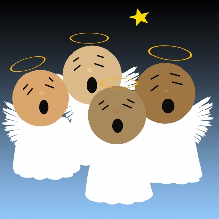singing angels and bright star in night sky illustrationの写真素材
