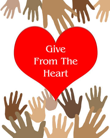 hands reaching across a red heart illustration の写真素材