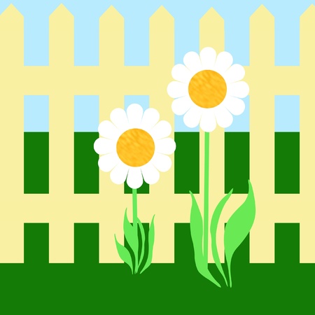 sunny daisy with yellow picket fence illustrationの写真素材