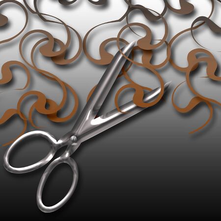 shiny chrome scissors and long curly hair illustrationの写真素材