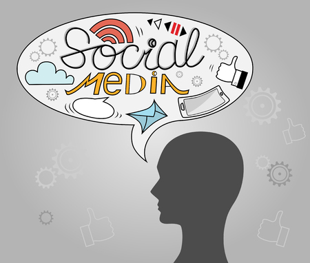 flat human head with social media in speak cloud vector illustration. Connection, communication, inspiration, contemporary lifestyle concept. Lettering.のイラスト素材