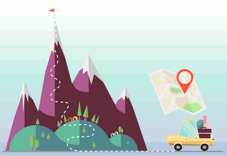 Flat vector car escape to mountain top using map. Eco tourism, road navigation conceptのイラスト素材