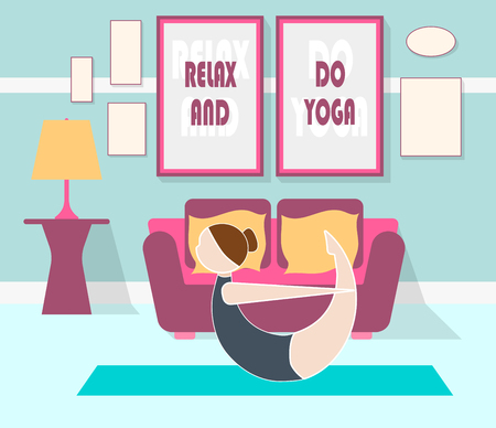flat wom?n doind yoga at home. Room interior in background. Vector illustrationのイラスト素材